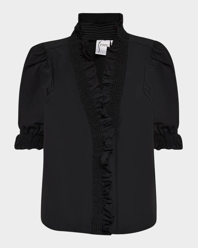 Cici Smocked Ruffle-Trim Taffeta Shirt